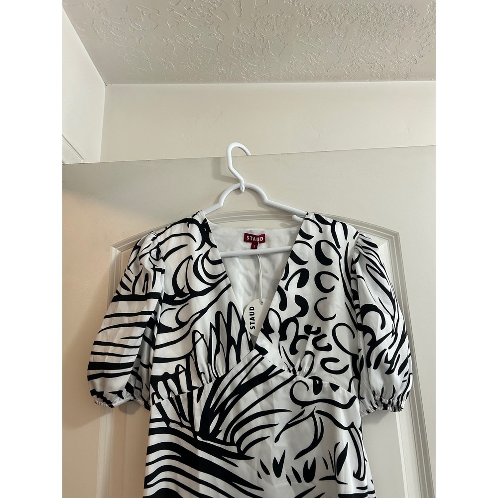 Staud Mini Milla Dress White Citrus Scarf Print V-Neck Puff Sleeve Size 8 NEW - Picture 5 of 9